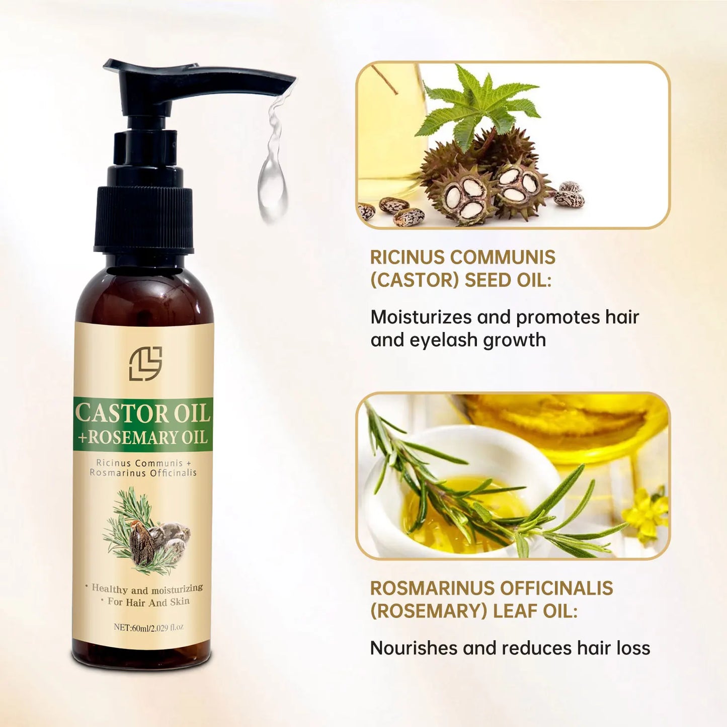 Pure Castor Oil and Pure Rosemary Oil for Hair Growth, Eyelashes and Beard Growth - 30ml