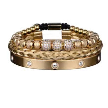 3Pcs Luxury Royal Charm Handmade Mens Bracelet - Micro Pave CZ Round Beads