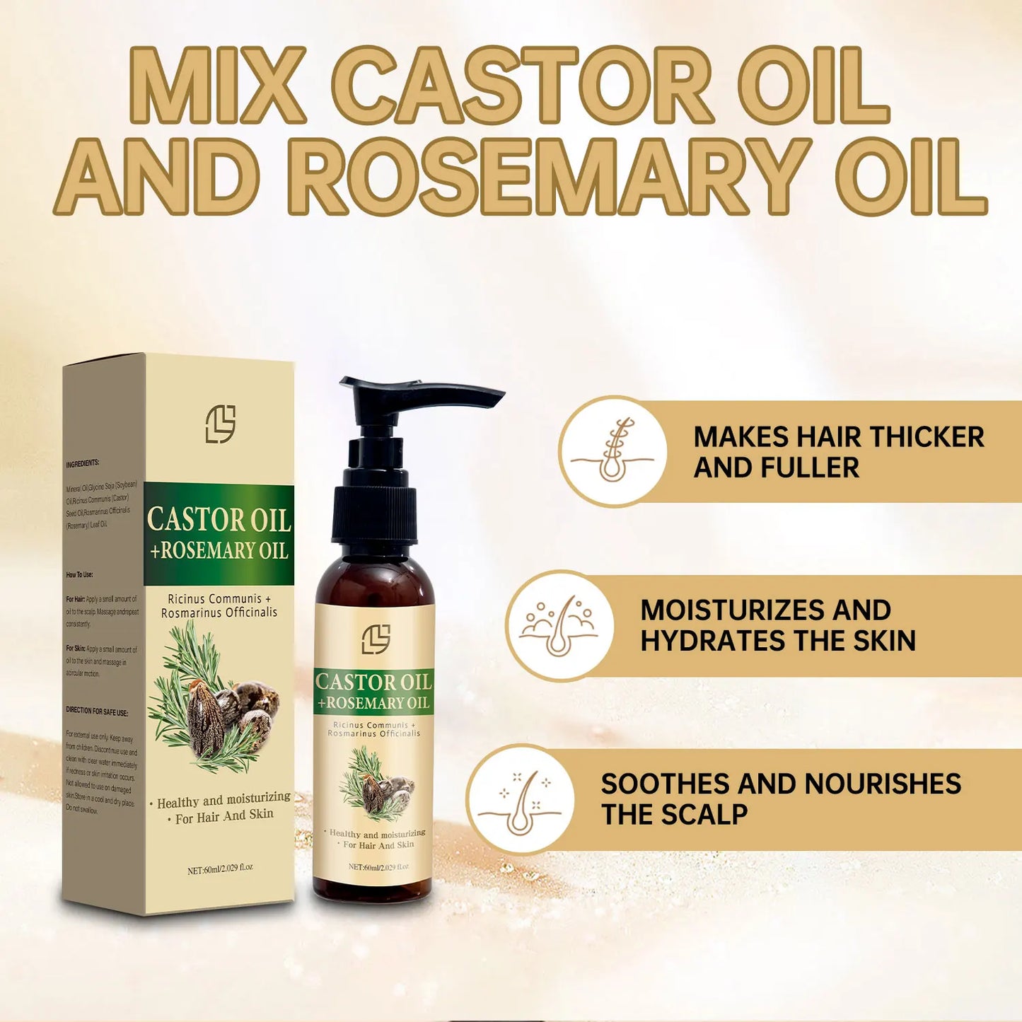 Pure Castor Oil and Pure Rosemary Oil for Hair Growth, Eyelashes and Beard Growth - 30ml