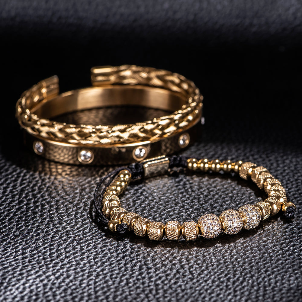 3Pcs Luxury Royal Charm Handmade Mens Bracelet - Micro Pave CZ Round Beads